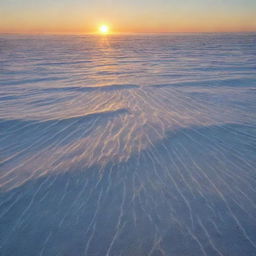 A sunrise over a frozen sea, with the sun's golden rays subtly illuminating intricate frost patterns on the icy surface.