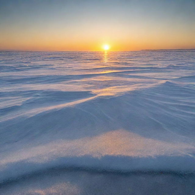 A sunrise over a frozen sea, with the sun's golden rays subtly illuminating intricate frost patterns on the icy surface.