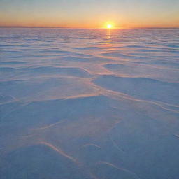 A sunrise over a frozen sea, with the sun's golden rays subtly illuminating intricate frost patterns on the icy surface.