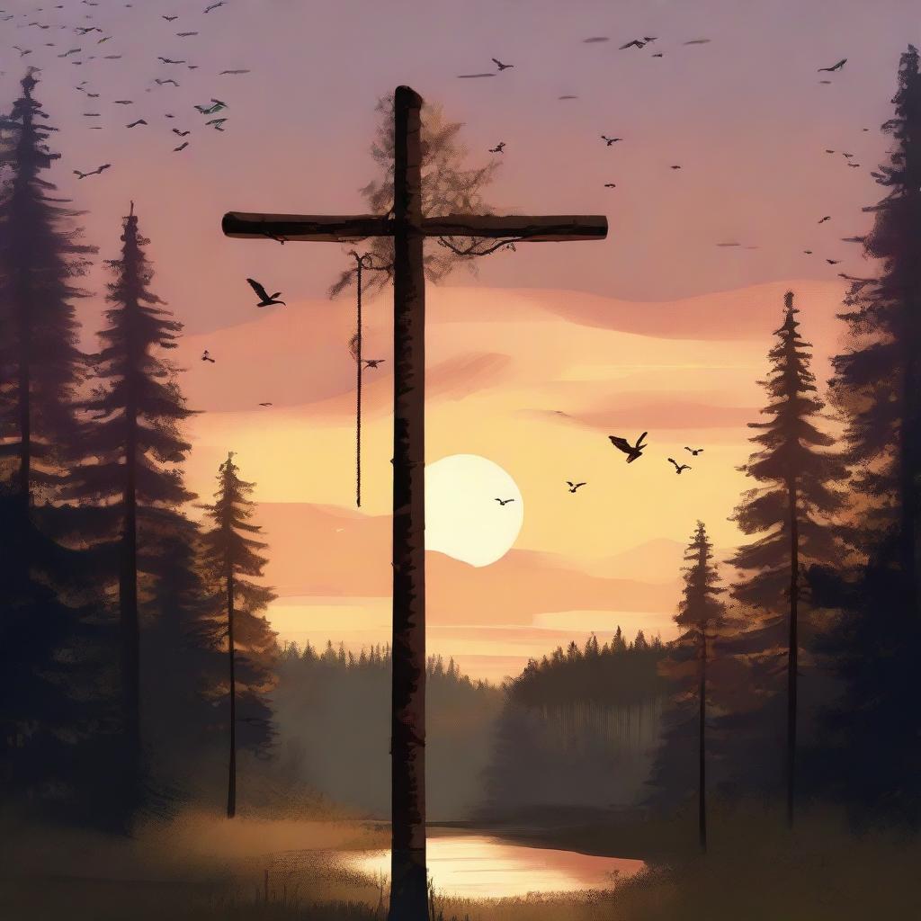 A high-quality digital painting showcasing a Swedish midsummer pole at sunset