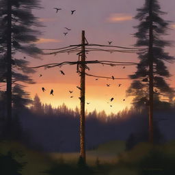 A high-quality digital painting showcasing a Swedish midsummer pole at sunset