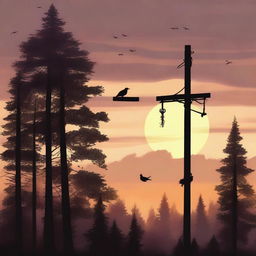 A high-quality digital painting showcasing a Swedish midsummer pole at sunset