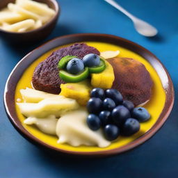 A high-quality photograph captures an Ethiopian dish beautifully presented on a blue plate