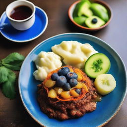 A high-quality photograph captures an Ethiopian dish beautifully presented on a blue plate