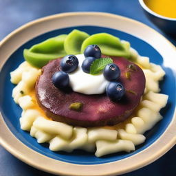 A high-quality photograph captures an Ethiopian dish beautifully presented on a blue plate