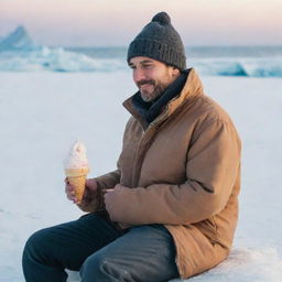 A man warmly bundled up, peacefully sitting near an expansive frozen sea, enjoying a delicious ice cream despite the chilly surroundings.