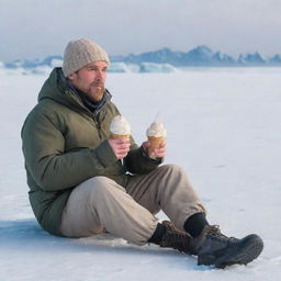 A man warmly bundled up, peacefully sitting near an expansive frozen sea, enjoying a delicious ice cream despite the chilly surroundings.