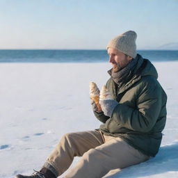 A man warmly bundled up, peacefully sitting near an expansive frozen sea, enjoying a delicious ice cream despite the chilly surroundings.