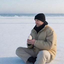 A man warmly bundled up, peacefully sitting near an expansive frozen sea, enjoying a delicious ice cream despite the chilly surroundings.