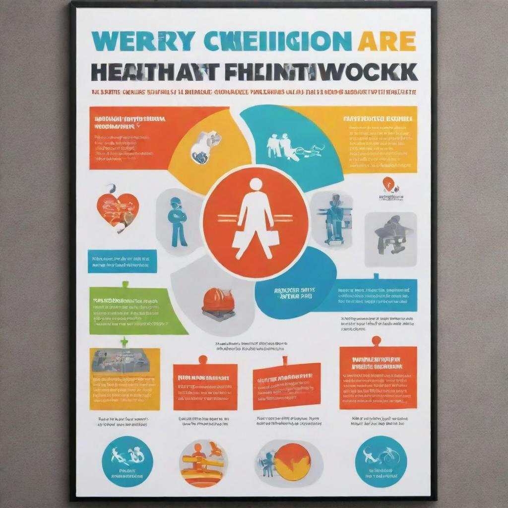 Design a visually captivating poster focused on 'Healthy and Safe at Work, Maintain Business Continuity'. The artwork should include health and safety symbols, workplace elements, and a strong, reassuring color palette to emphasize care and continuity.