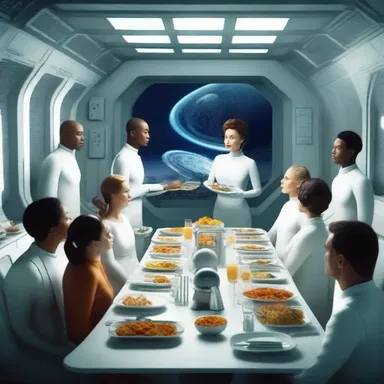 In the distant future, humans and aliens gathered for a futuristic dinner party in a space station.