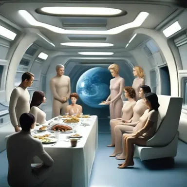 In the distant future, humans and aliens gathered for a futuristic dinner party in a space station.