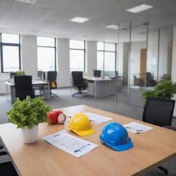 Create a high-definition image focusing on the theme 'Healthy and Safe at Work, Maintain Business Continuity'. The image should feature a professional office environment with elements emphasizing health, safety, business continuity, and workplace well-being.