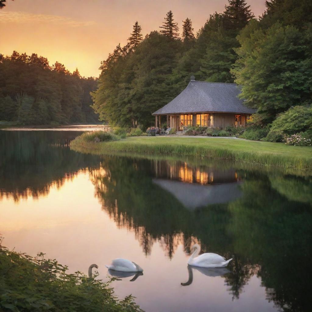 A cottage nestled in lush greenery surrounded by a sapphire lake with a soft, golden sunset in the background. Swans are peacefully resting on the water.