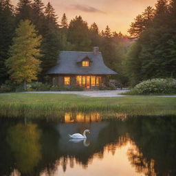 A cottage nestled in lush greenery surrounded by a sapphire lake with a soft, golden sunset in the background. Swans are peacefully resting on the water.