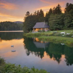 A cottage nestled in lush greenery surrounded by a sapphire lake with a soft, golden sunset in the background. Swans are peacefully resting on the water.