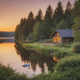 A cottage nestled in lush greenery surrounded by a sapphire lake with a soft, golden sunset in the background. Swans are peacefully resting on the water.