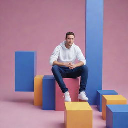 A stylized animation of a man casually sitting on a large 3D block labeled 'FB', in a vibrant and dynamic digital environment.