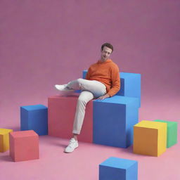 A stylized animation of a man casually sitting on a large 3D block labeled 'FB', in a vibrant and dynamic digital environment.