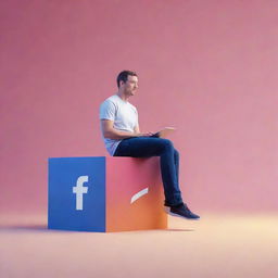 A stylized animation of a man casually sitting on a large 3D block labeled 'FB', in a vibrant and dynamic digital environment.