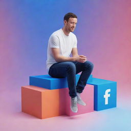 A stylized animation of a man casually sitting on a large 3D block labeled 'FB', in a vibrant and dynamic digital environment.