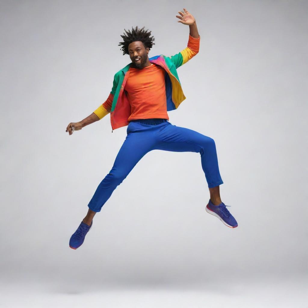 A dynamic, colorful animation of a man mid-jump, embodying the motion and energy of the movement.