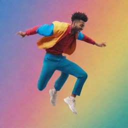 A dynamic, colorful animation of a man mid-jump, embodying the motion and energy of the movement.