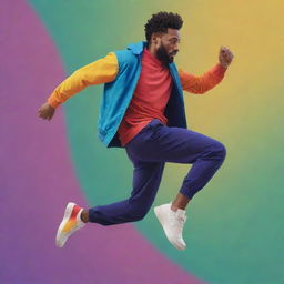 A dynamic, colorful animation of a man mid-jump, embodying the motion and energy of the movement.