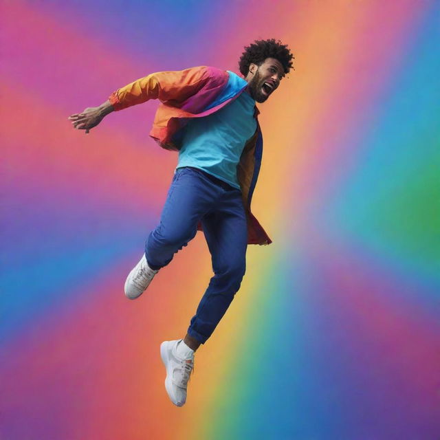 A colorful, layered animation featuring a man mid-jump, where the man himself is also animated in a unique art style exuding energy and motion.