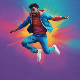 A colorful, layered animation featuring a man mid-jump, where the man himself is also animated in a unique art style exuding energy and motion.