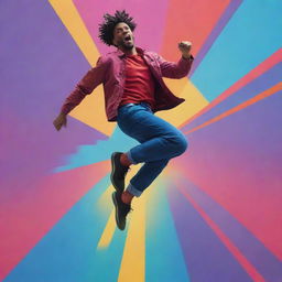 A colorful, layered animation featuring a man mid-jump, where the man himself is also animated in a unique art style exuding energy and motion.