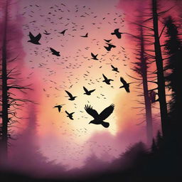 A digital art piece showcasing a flock of birds soaring high in the sky, their wings spread wide