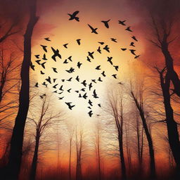 A digital art piece showcasing a flock of birds soaring high in the sky, their wings spread wide