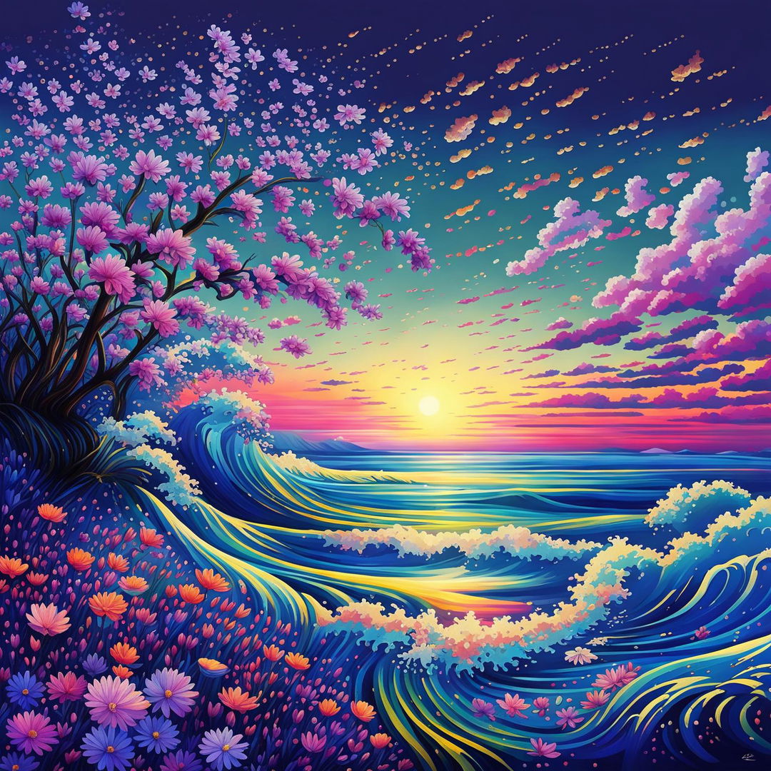 A serene digital art piece featuring a vast ocean in the foreground, a vibrant field of daisies and cherry blossoms in the middle ground, and a sunset sky in the background.