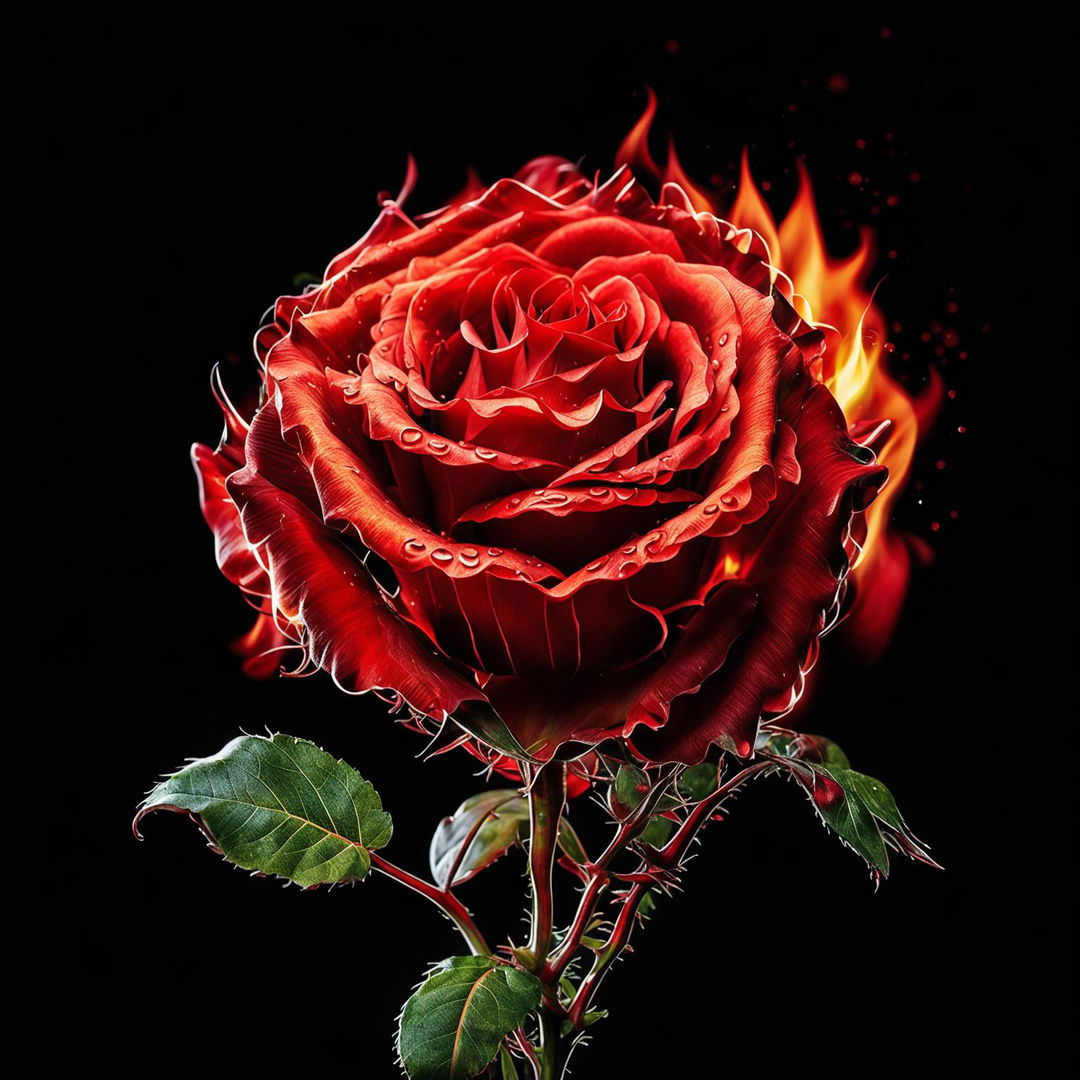 A dramatic digital art piece featuring a single red rose engulfed in flames.