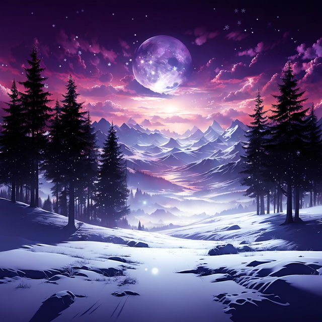 A mesmerizing digital art piece featuring a snowy landscape bathed in soft purple light.