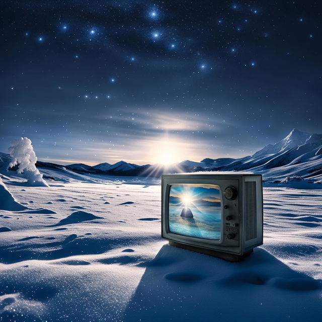 A surreal digital art piece featuring a vintage television set in a snowy landscape.