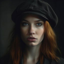 Create a detailed 4K high-resolution image of a woman wearing a black cap. The style should reflect gothic, vintage fashion photography with a photorealistic aesthetic, sharp focus at 1.1, depth of field, and a film grain effect of 1.4. The composition should be a masterpiece like an Ilford Pan 50 in a medium wide shot with a dynamic perspective.