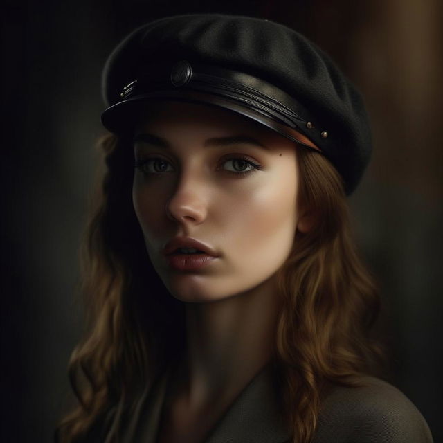 Create a detailed 4K high-resolution image of a woman wearing a black cap. The style should reflect gothic, vintage fashion photography with a photorealistic aesthetic, sharp focus at 1.1, depth of field, and a film grain effect of 1.4. The composition should be a masterpiece like an Ilford Pan 50 in a medium wide shot with a dynamic perspective.