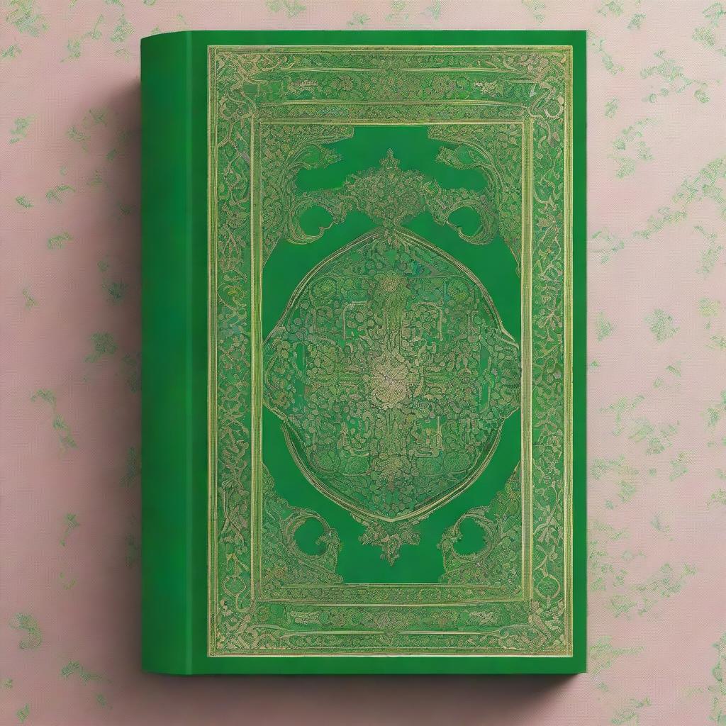 This image features a high-quality digital rendering of a green Persian book, adorned with intricate flower ornaments