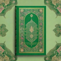 This image features a high-quality digital rendering of a green Persian book, adorned with intricate flower ornaments