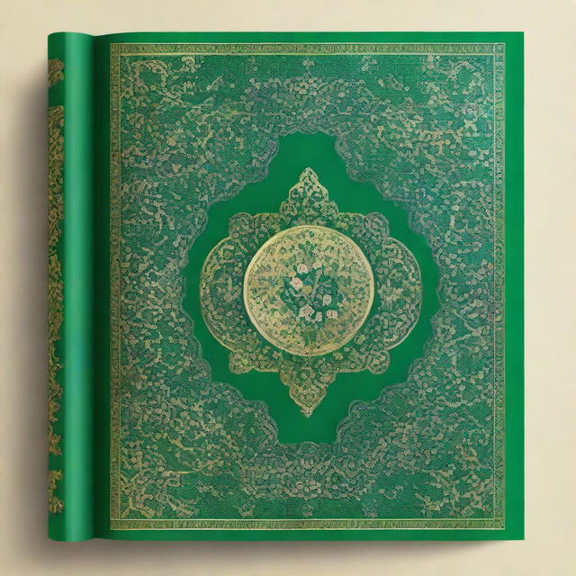 This image features a high-quality digital rendering of a green Persian book, adorned with intricate flower ornaments