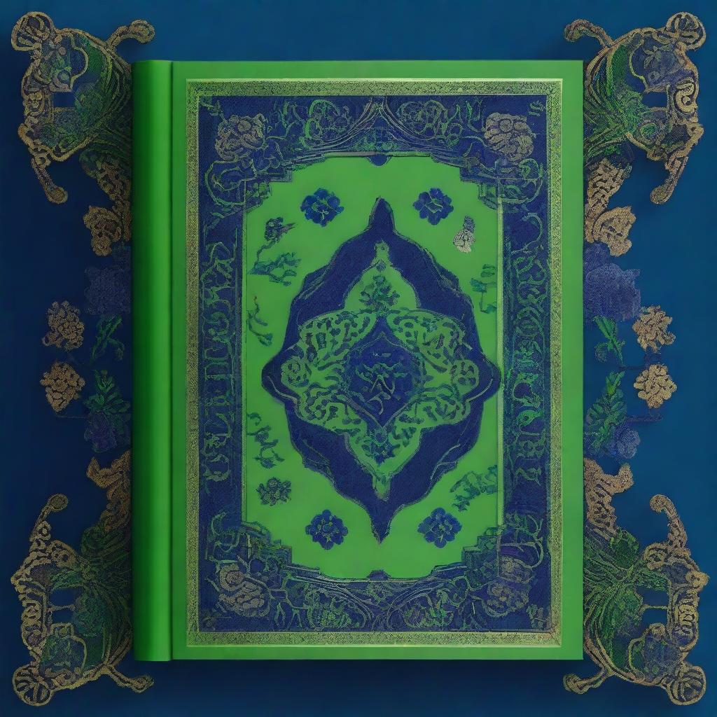 The image is a high-quality digital rendering, showcasing a green Persian book embellished with dark blue flower ornaments