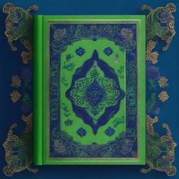 The image is a high-quality digital rendering, showcasing a green Persian book embellished with dark blue flower ornaments