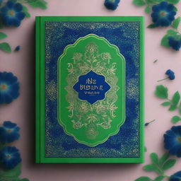 The image is a high-quality digital rendering, showcasing a green Persian book embellished with dark blue flower ornaments