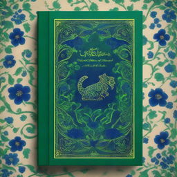 The image is a high-quality digital rendering, showcasing a green Persian book embellished with dark blue flower ornaments