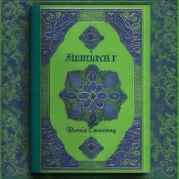 The image is a high-quality digital rendering, showcasing a green Persian book embellished with dark blue flower ornaments