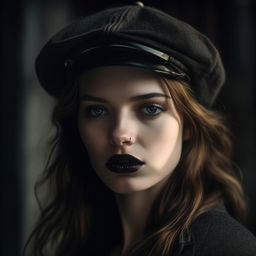 Create a detailed 4K high-resolution image of a woman wearing a black cap. The style should reflect gothic, vintage fashion photography with a photorealistic aesthetic, sharp focus at 1.1, depth of field, and a film grain effect of 1.4. The composition should be a masterpiece like an Ilford Pan 50 in a medium wide shot with a dynamic perspective.