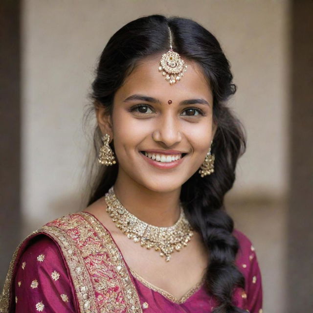 A 20-year-old Indian girl full of grace and beauty, adorned in traditional attire, with a radiant smile and sparkling eyes