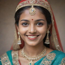 A 20-year-old Indian girl full of grace and beauty, adorned in traditional attire, with a radiant smile and sparkling eyes